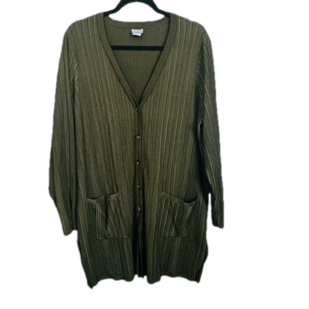 Chico's Flat-Back Ribbed Cardigan Sweater Green Button Front Pockets Women SZ 2
